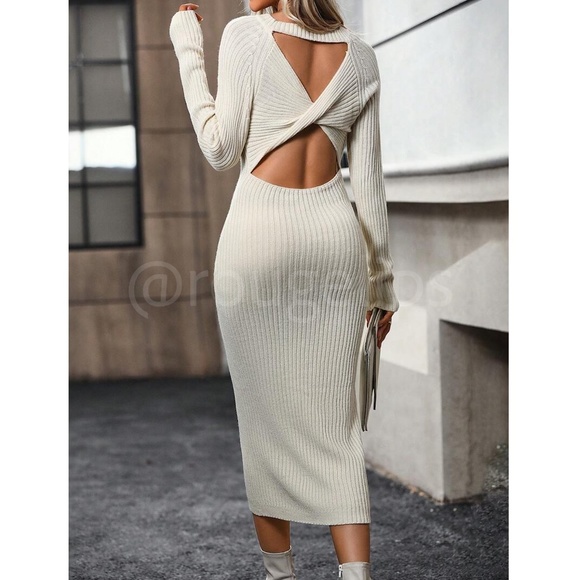 Knit Dress Long Sleeve Open Back Twisted Detail Midi Length Slim - Picture 5 of 8